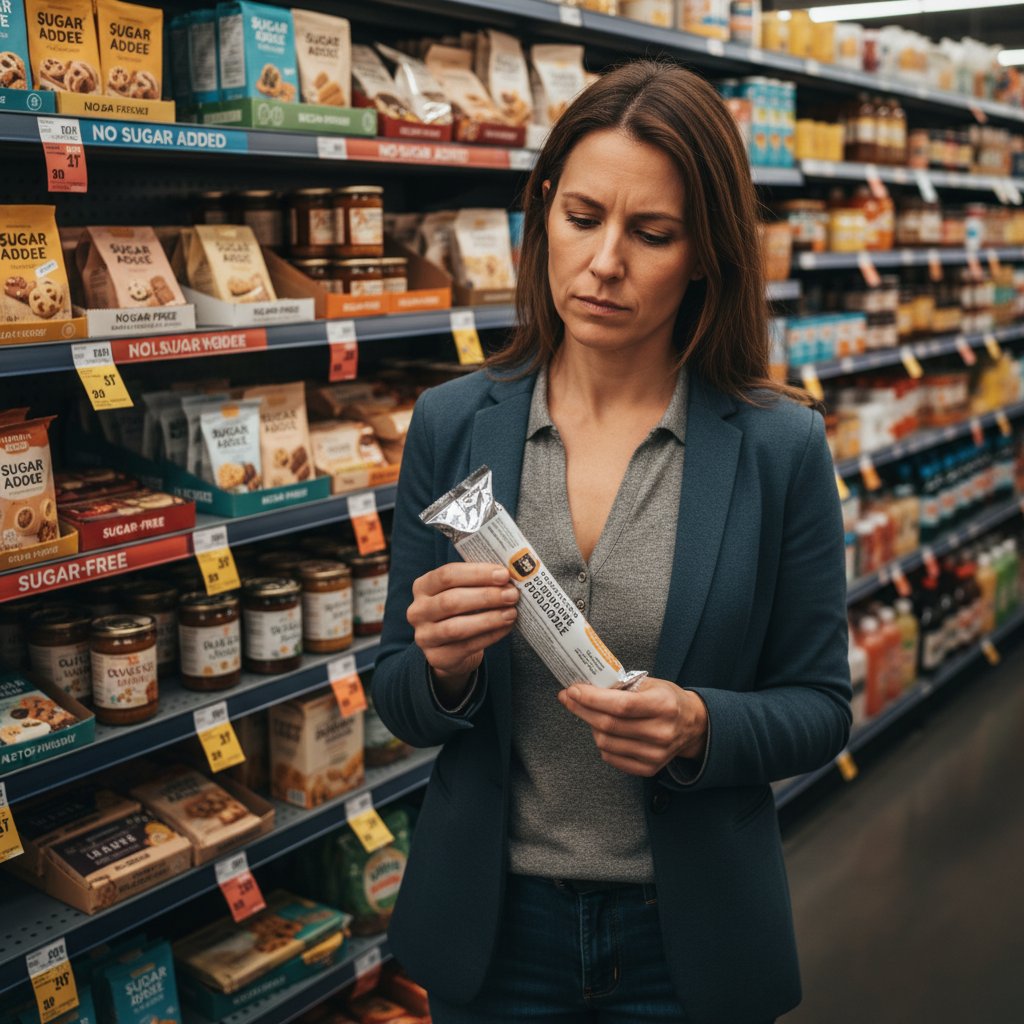 Rozmyślający konsument stojący przed półką produktów bez cukru, światło i cień