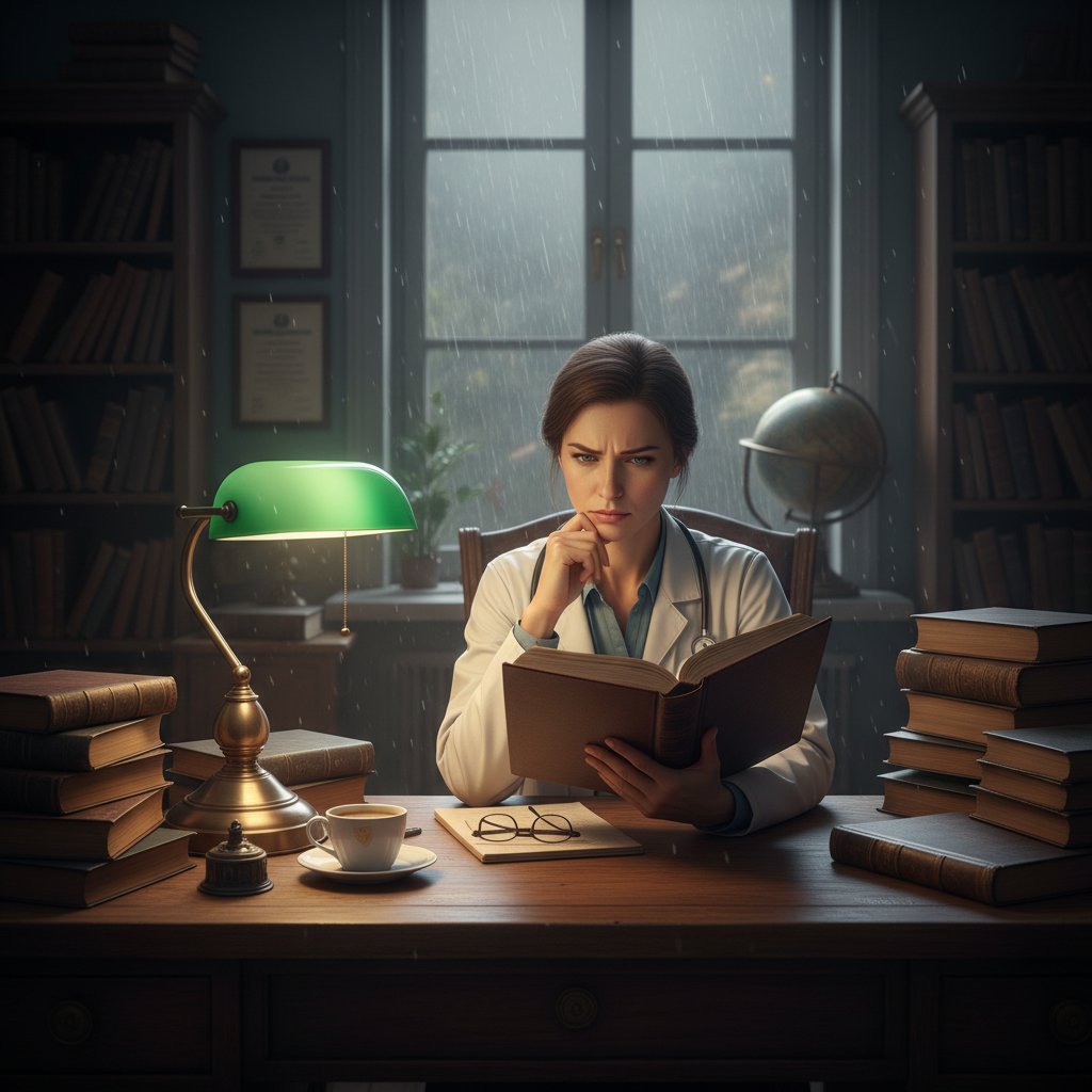 Immunolog przy biurku, zadumany nad dokumentacją medyczną