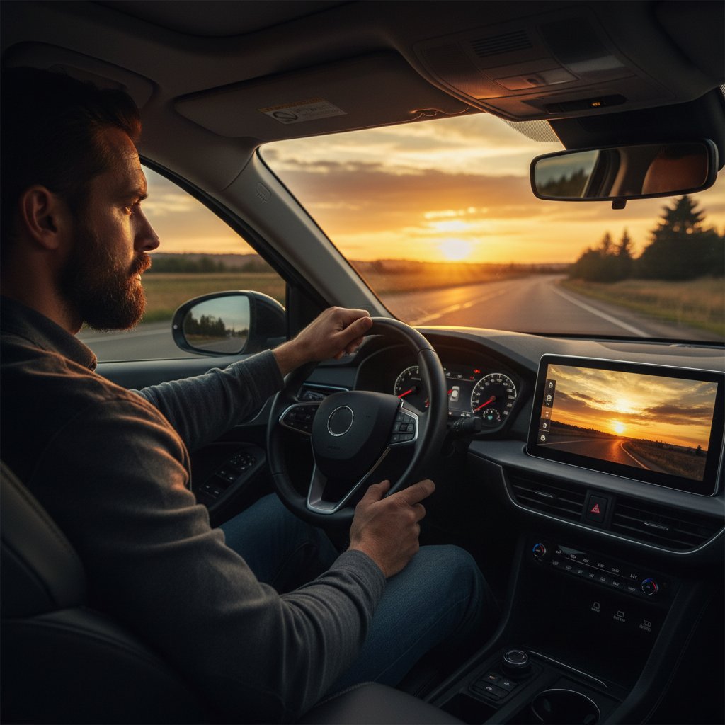 Thoughtful driver looking at infotainment display as sun sets, reflecting on the real impact of in-car screens