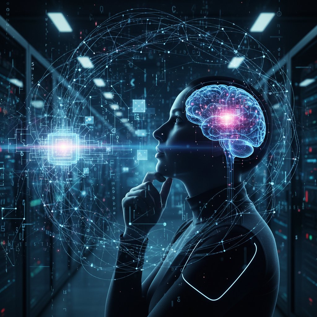 Zdjęcie zamyślonej osoby patrzącej na ekran z wizualizacją AI i neuronów