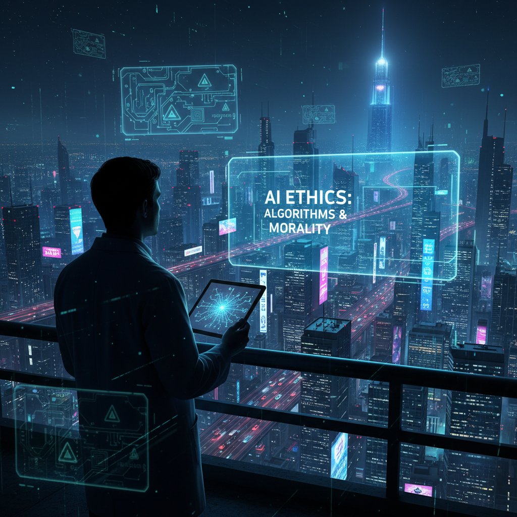 Refleksyjny człowiek patrzący na neonowe światła miasta – przyszłość etyki AI