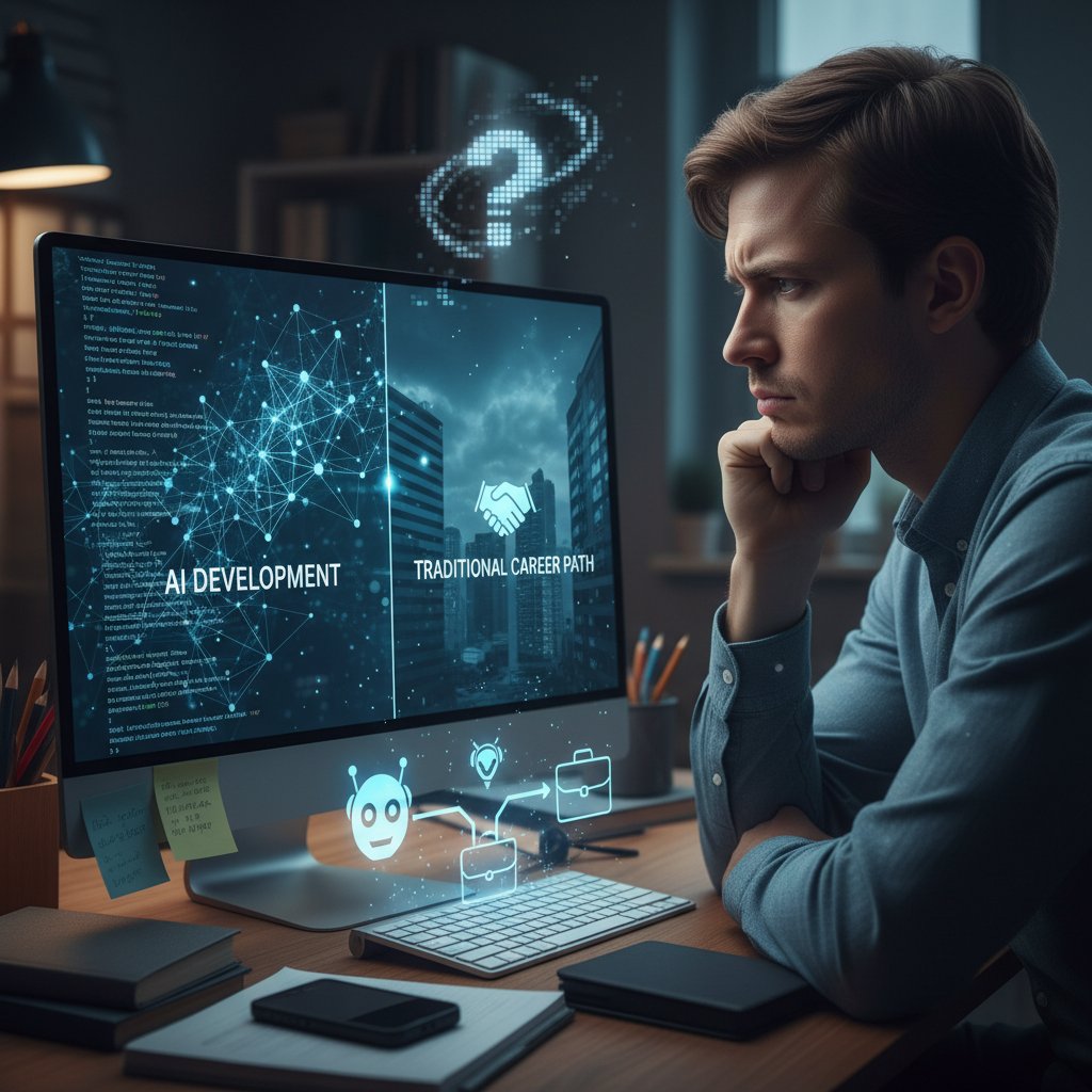 Osoba zamyślona przed monitorem, ekran odbijający twarz, atmosfera niepewności