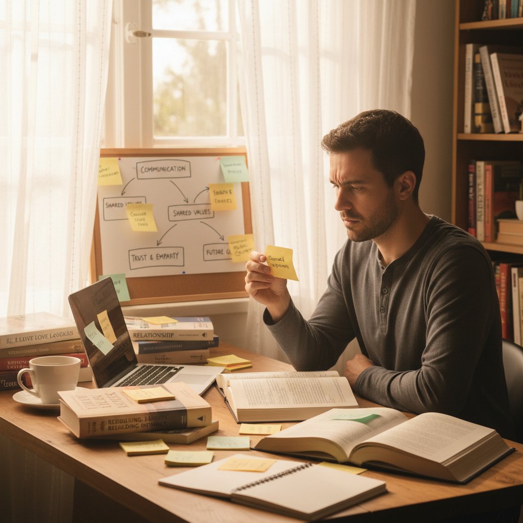 Person evaluating different sources of relationship advice, sticky notes and books, sunlight