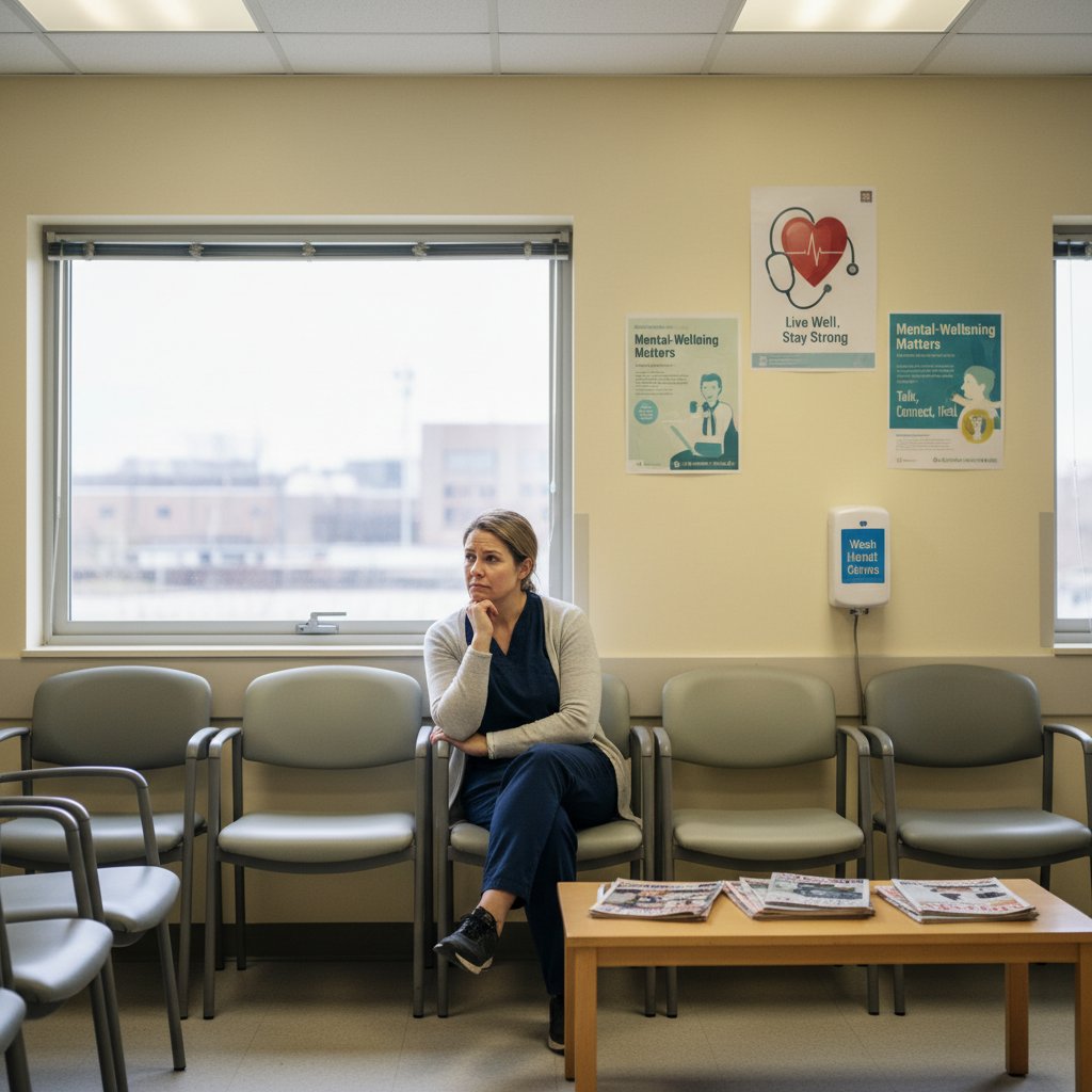 Osoba zamyślona przy szpitalnej poczekalni na tle plakatów zdrowotnych, pokazująca realia prewencji zdrowotnej