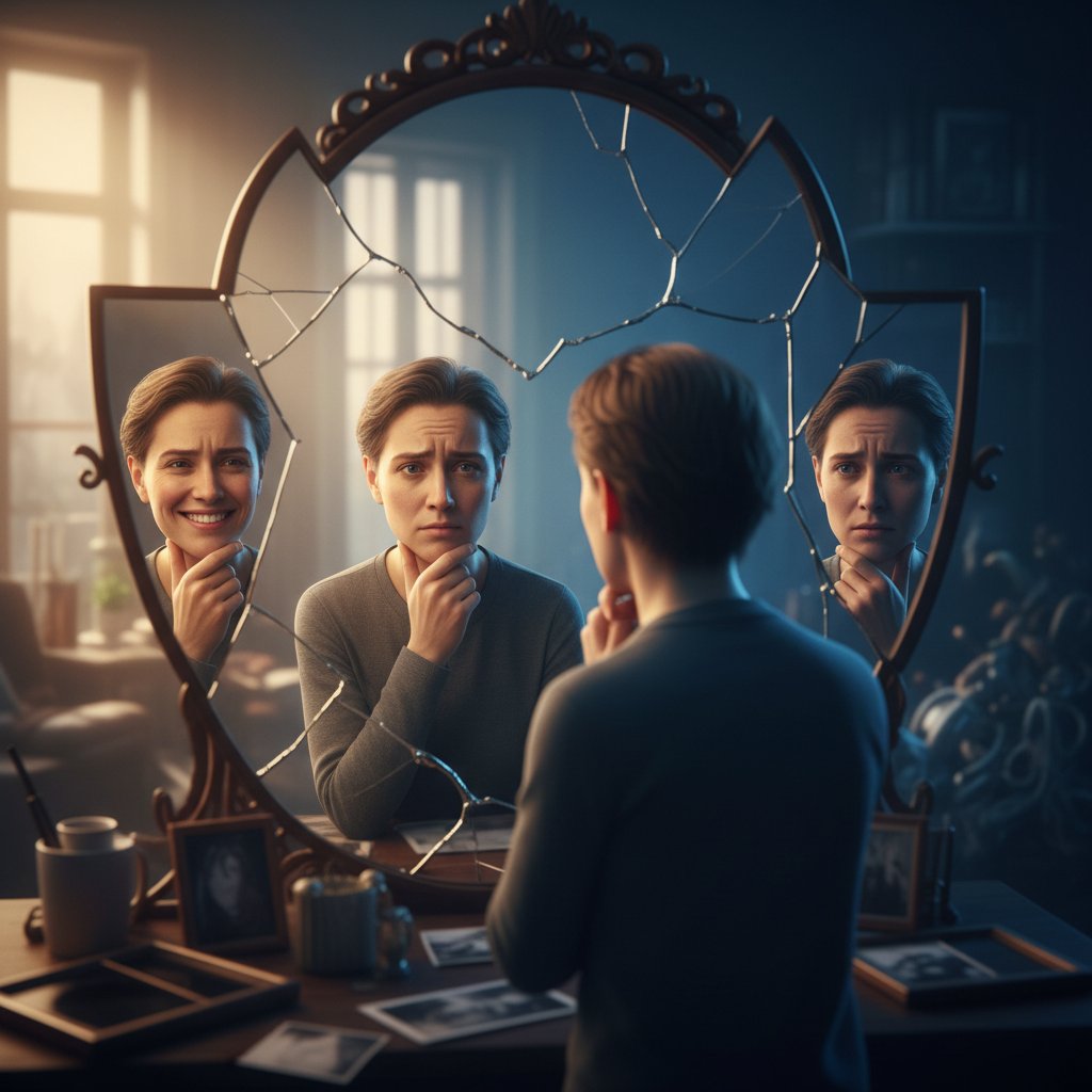 Osoba o zamyślonym wyrazie twarzy patrząca w lustro, kontrast światło-cień, problem identyfikacji