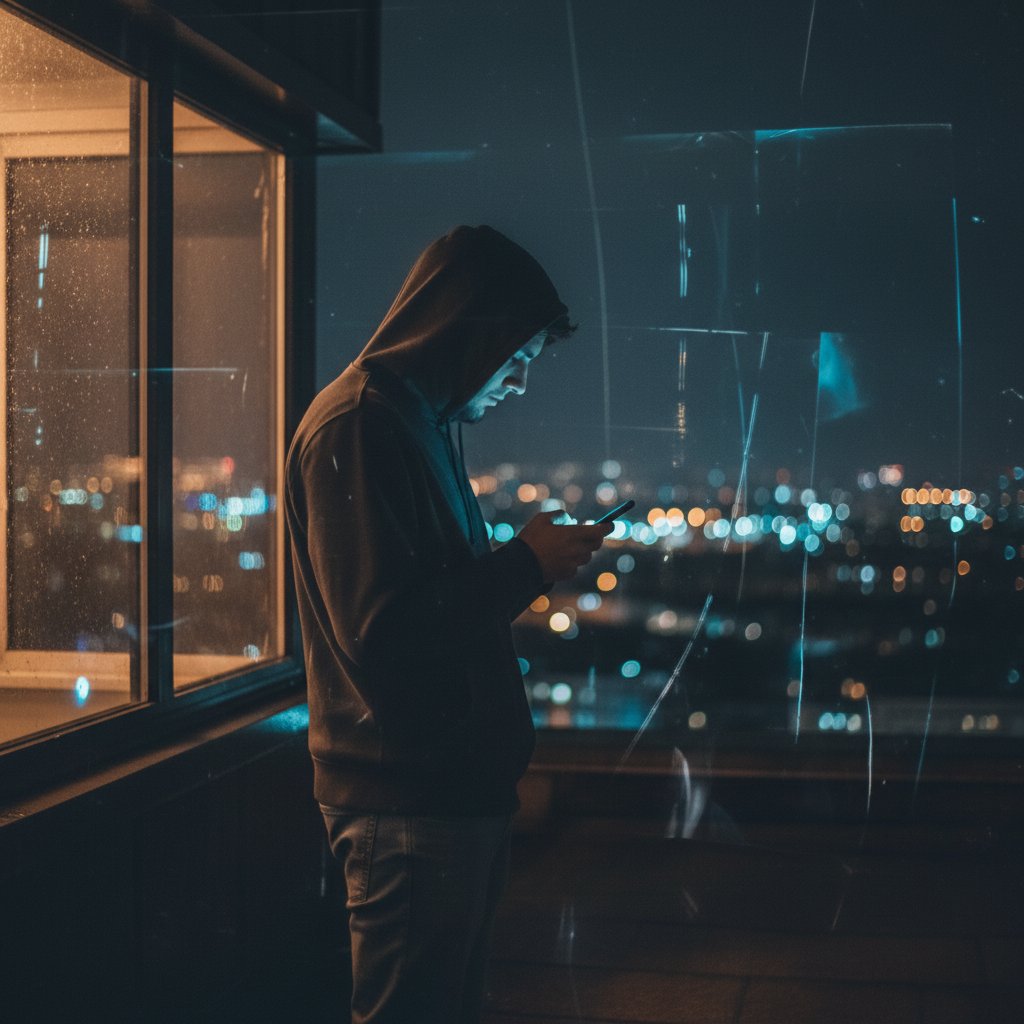 Nachdenkliche Person mit Smartphone bei Nacht, symbolisiert Anonymität und digitale Nähe