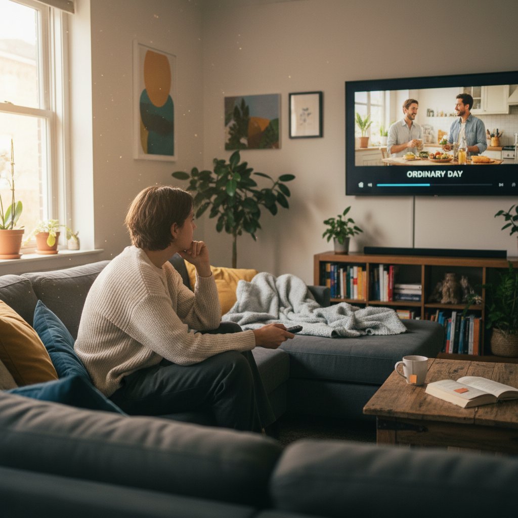 Thoughtful person scrolling through a streaming app on a sofa, slice of life movie discovery
