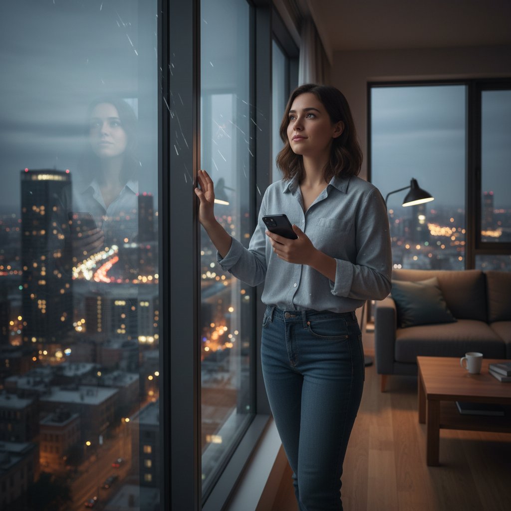 Nachdenklicher Mensch in urbanem Ambiente, Smartphone in der Hand, mit Stadtlichtern im Hintergrund, symbolisiert emotionale Stabilisierung in einer modernen Welt