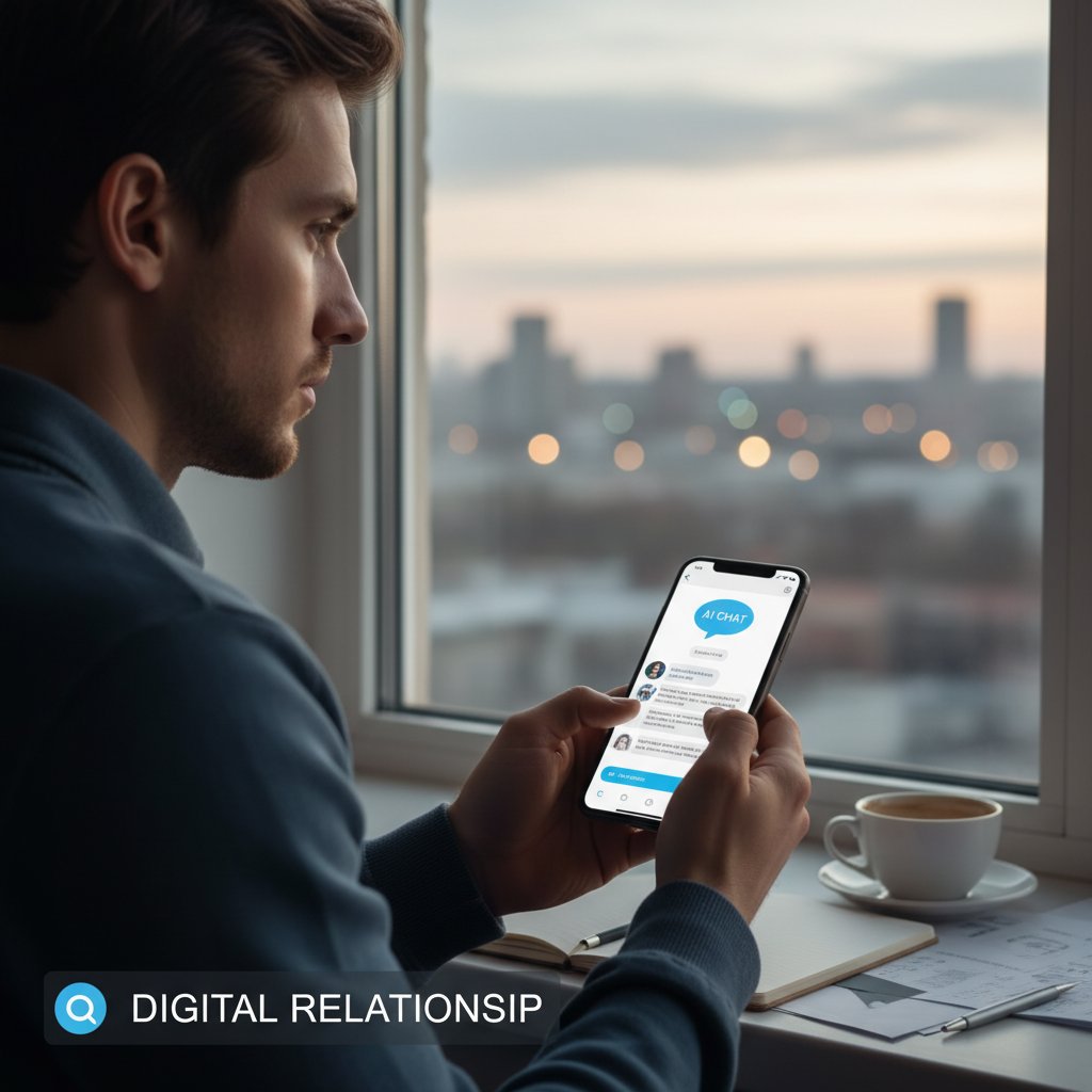 Nachdenklicher Mensch am Fenster, Smartphone mit KI-Chat, Entscheidung für digitale Beziehung