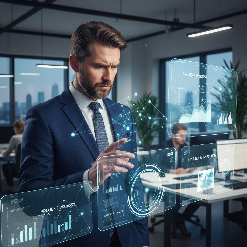 Przedsiębiorca rozważający przyszłość z asystentem AI, zamyślony z cyfrową nakładką na oknie