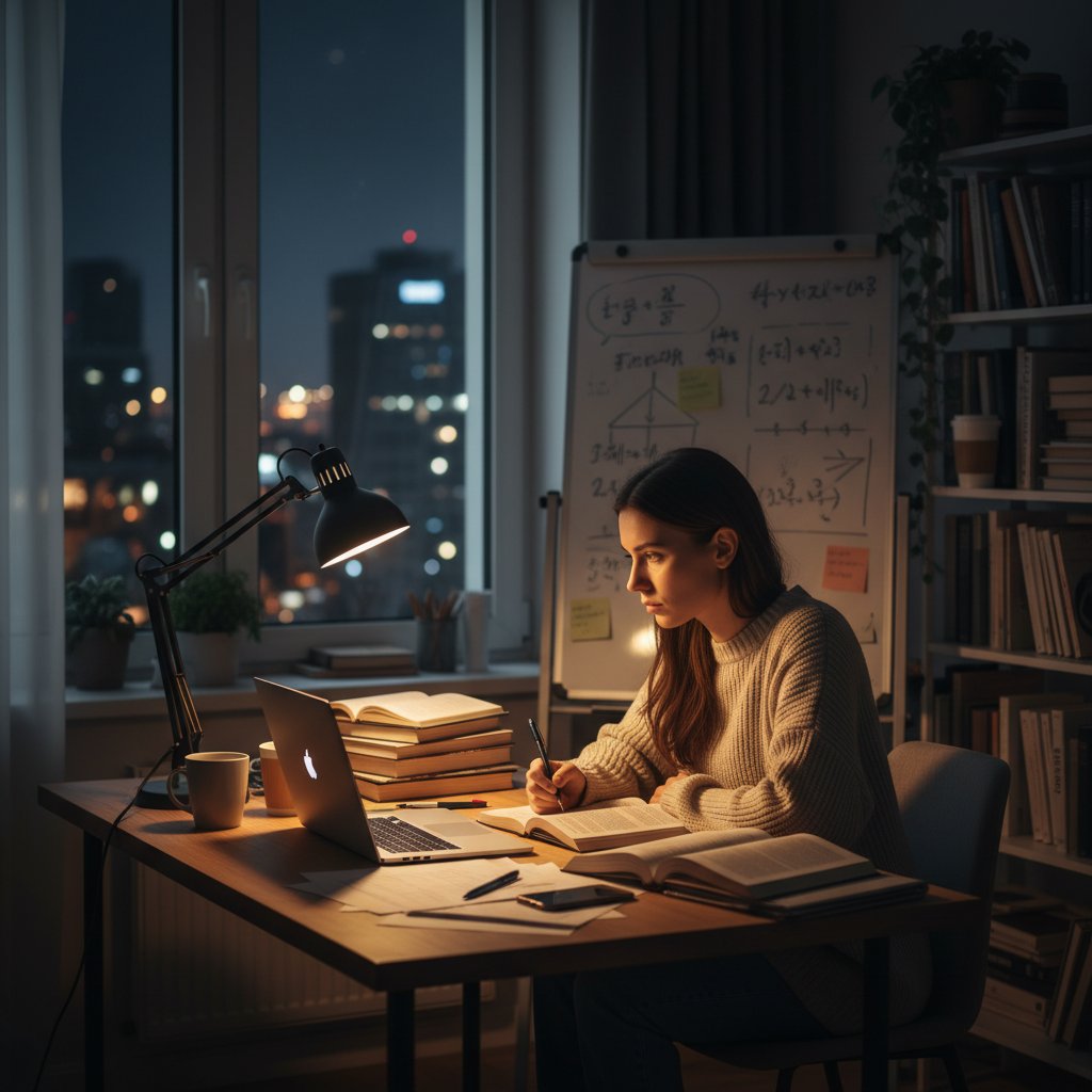 Close-up of thoughtful freelance researcher at night, freelance scholarly research assistant, academic gig economy