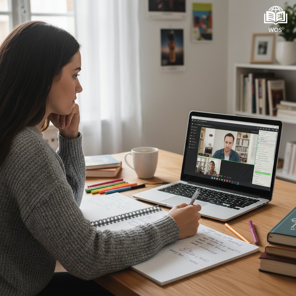 Uczennica rozmyślająca podczas lekcji WOS online, notes i laptop