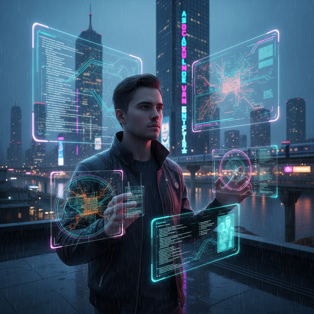 Człowiek wpatrzony w ekrany AI na tle neonowej Warszawy – filozoficzne zagadnienia technologiczne