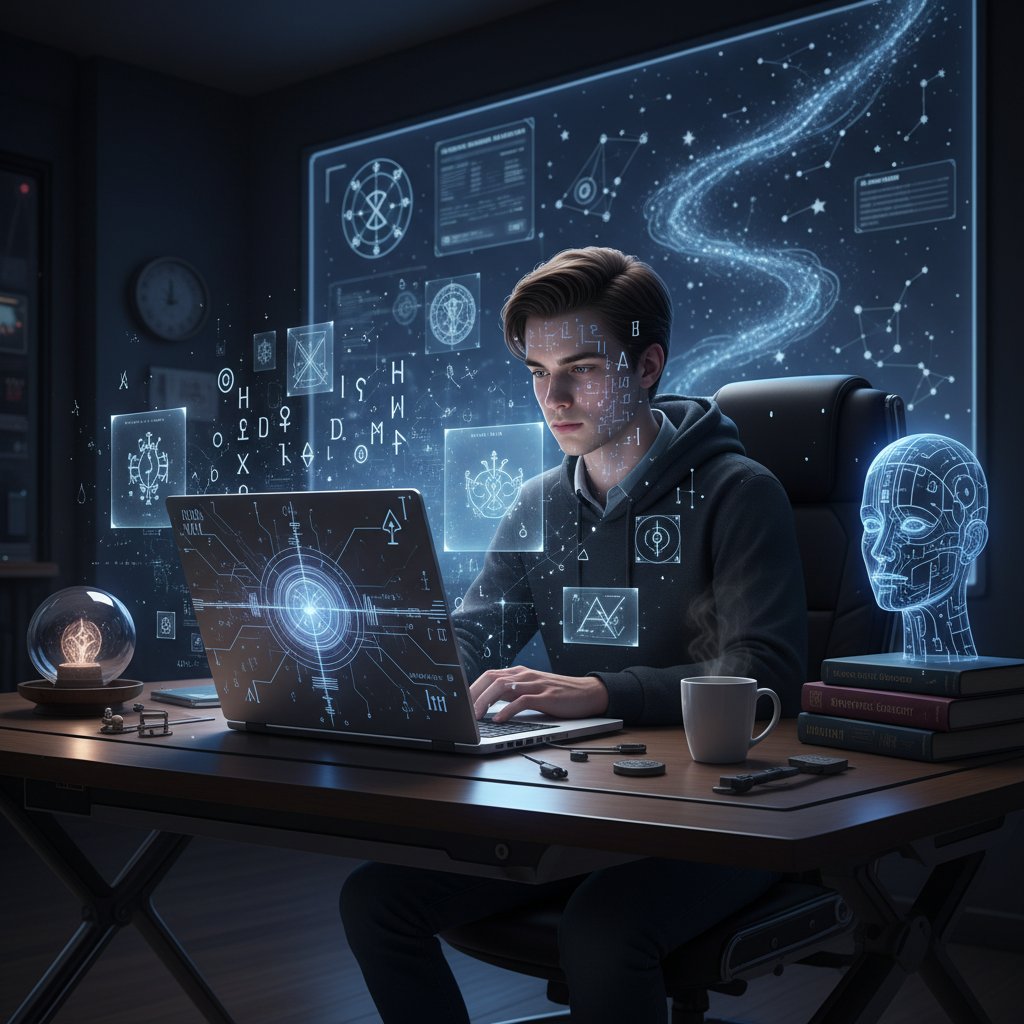 Junge Person blickt nachdenklich auf einen Laptop, umgeben von mystischen Symbolen und Tarotkarten, während KI-Icons im Raum schweben – Darstellung der digitalen spirituellen Beratung