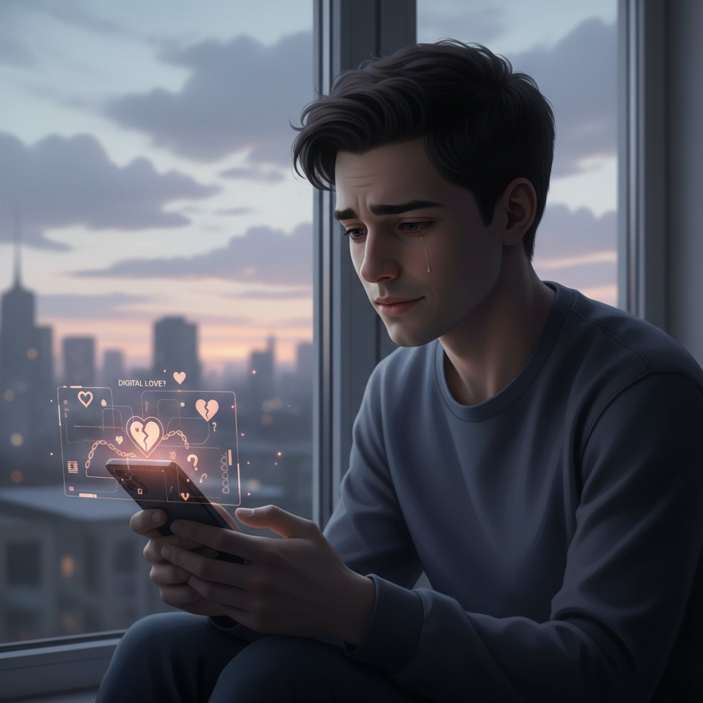 Nachdenklicher junger Mensch betrachtet Smartphone, Lichtspiel zwischen Hoffnung und Melancholie, symbolisiert die Ambivalenz digitaler Liebe