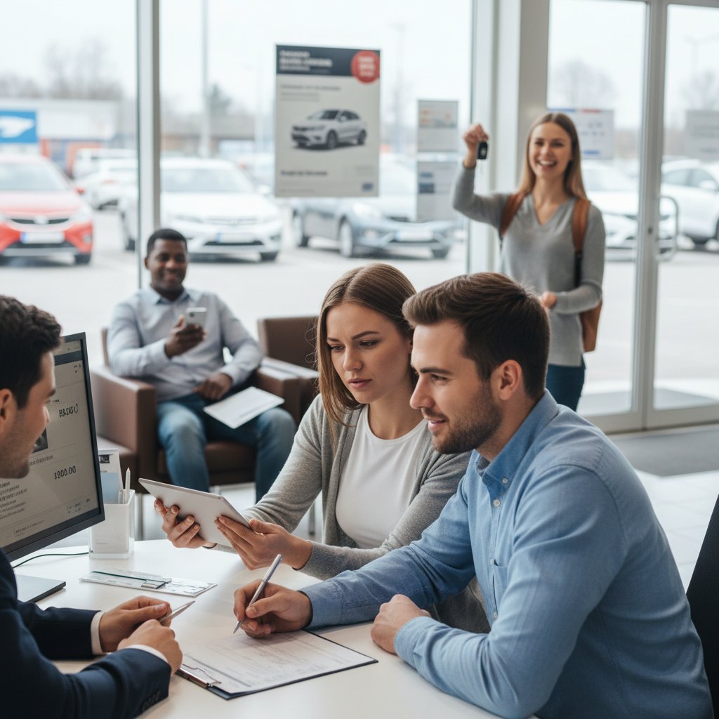 Collage photo of three real car buyers with different car loan stories, candid, authentic, car loan rates context