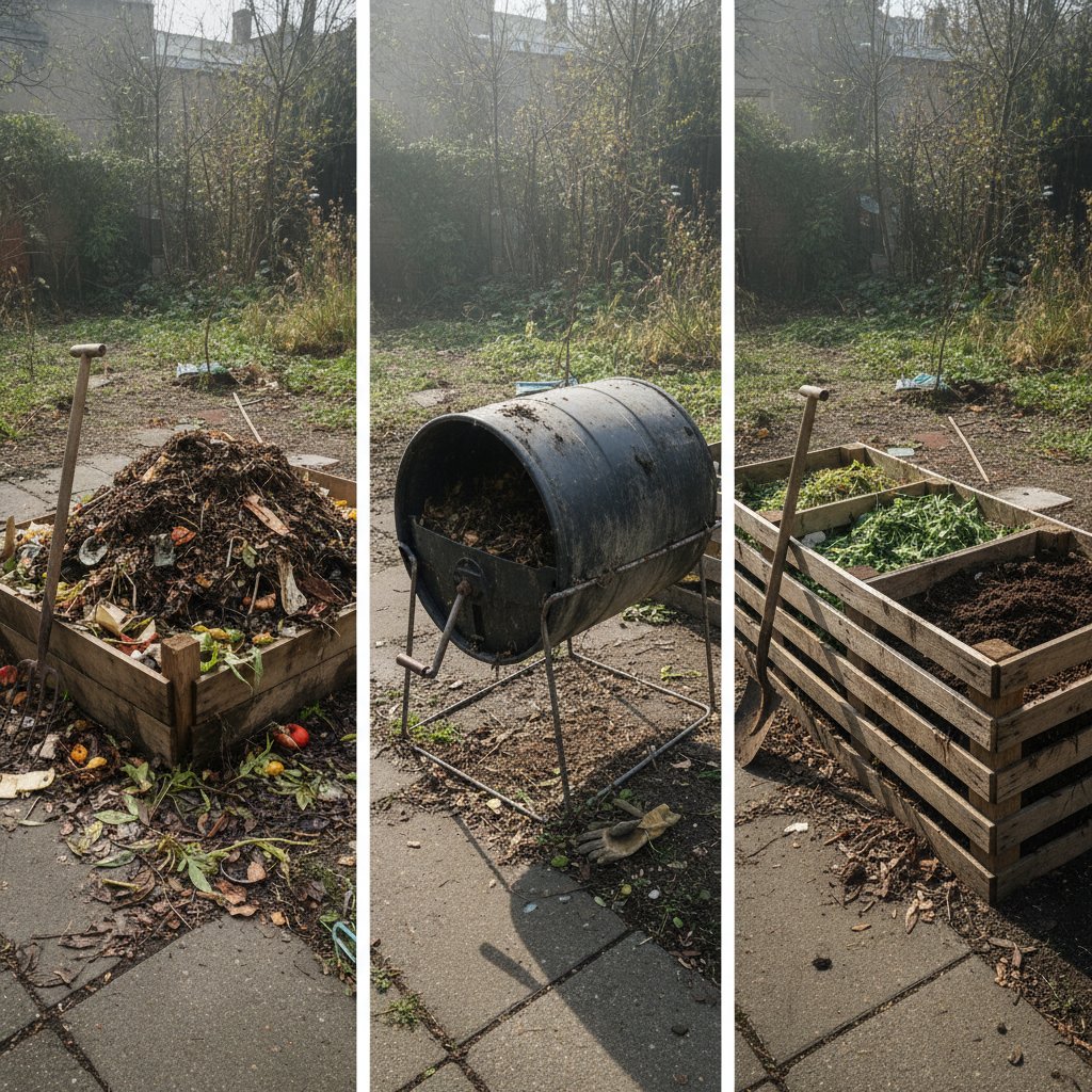 Trzy typy kompostowników w jednym ogrodzie: pryzma, pojemnik i tumbler, w realistycznej scenerii