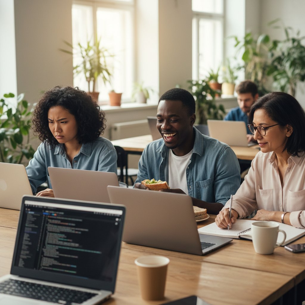 Drei Menschen mit unterschiedlichen Emotionen beim Testen von Online Wahrsagern