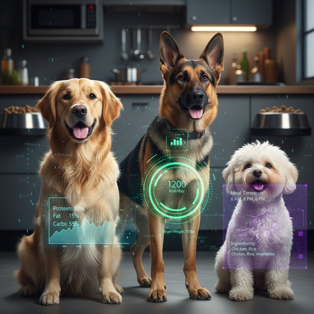 Porównanie potrzeb żywieniowych psów różnych ras i wielkości – trzy psy z cyfrowymi planami dietetycznymi
