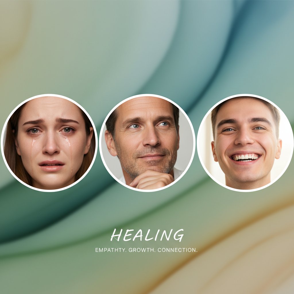 Różnorodne doświadczenia z psychoterapią, kolaż trzech twarzy, różne emocje, wyraziste światło