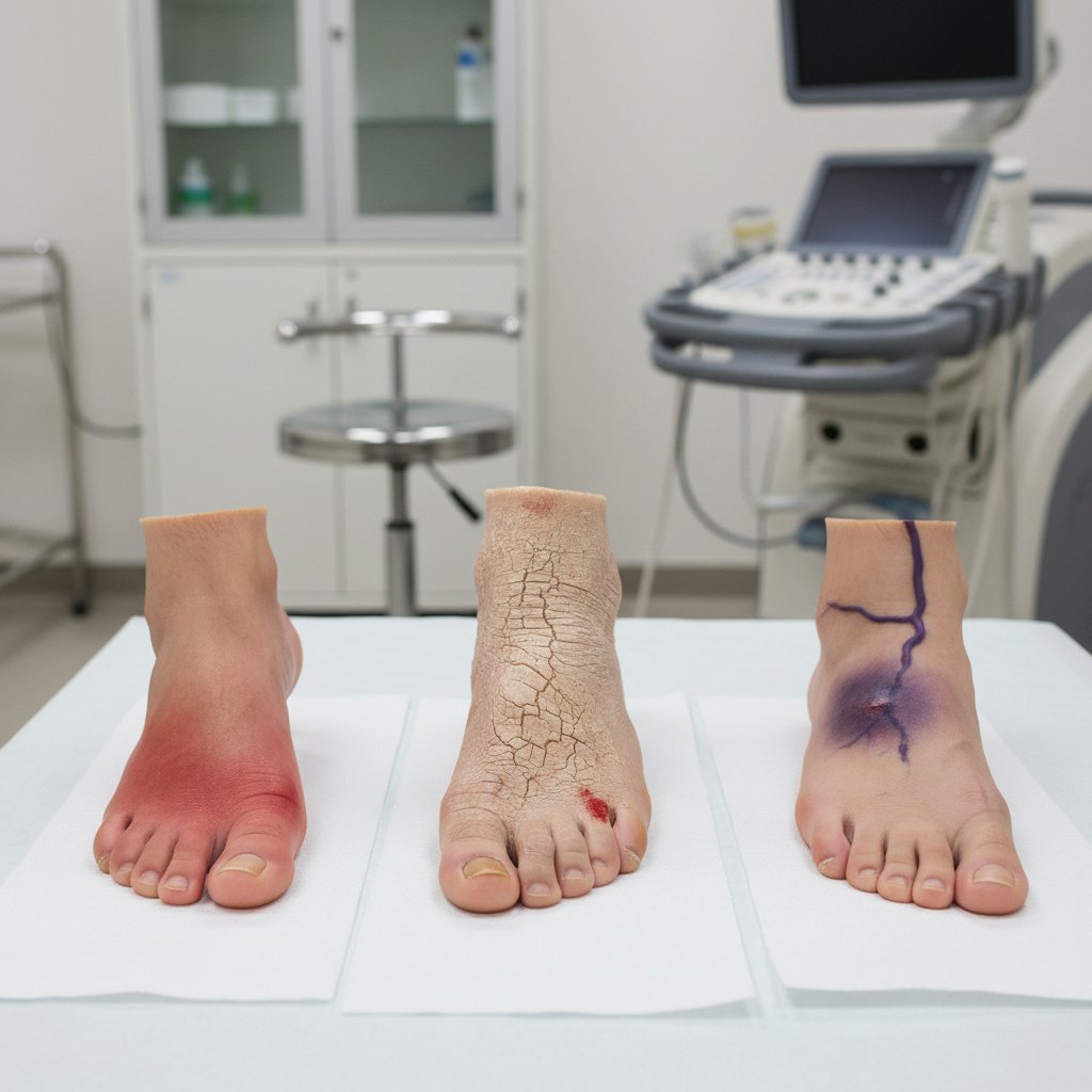 Trzy pary stóp z różnymi objawami na tle klinicznym – nerwowe, naczyniowe i skórne przyczyny pieczenia