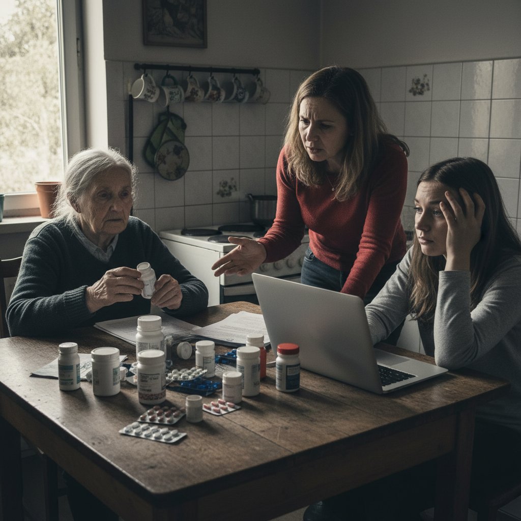 Trzy pokolenia przy stole, na stole leki, widoczne napięcie