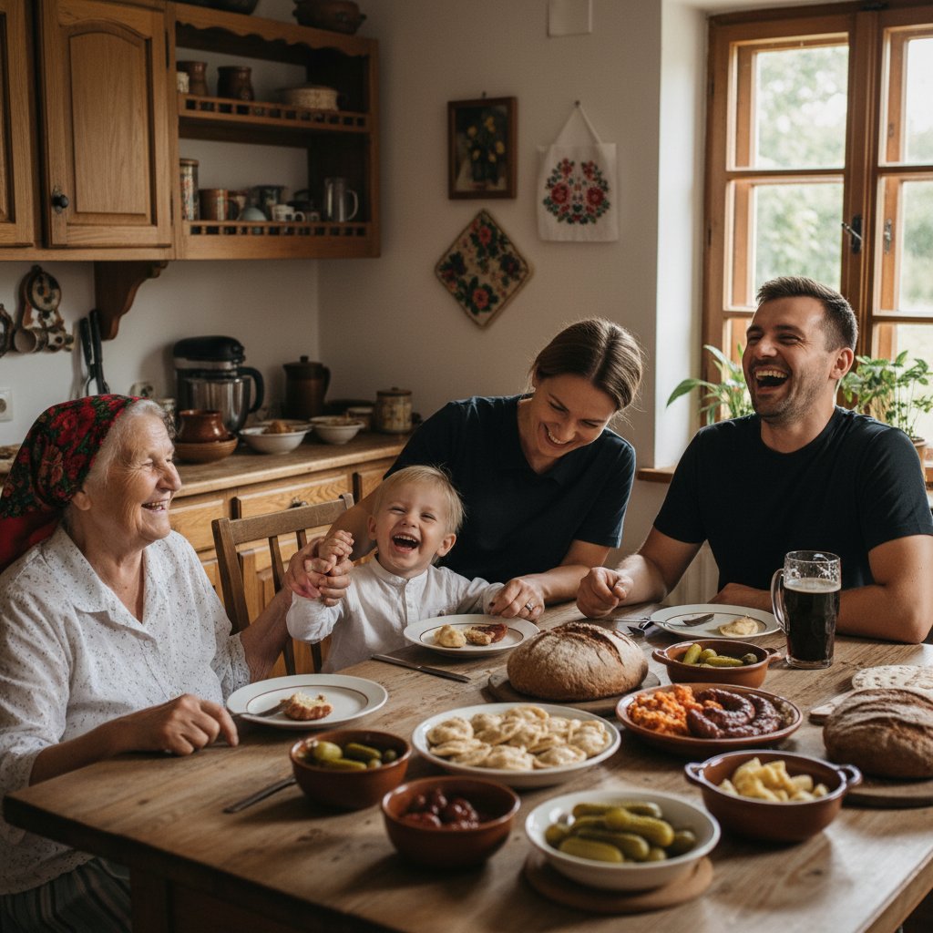 Trzy pokolenia polskiej rodziny śmiejące się przy stole w kuchni