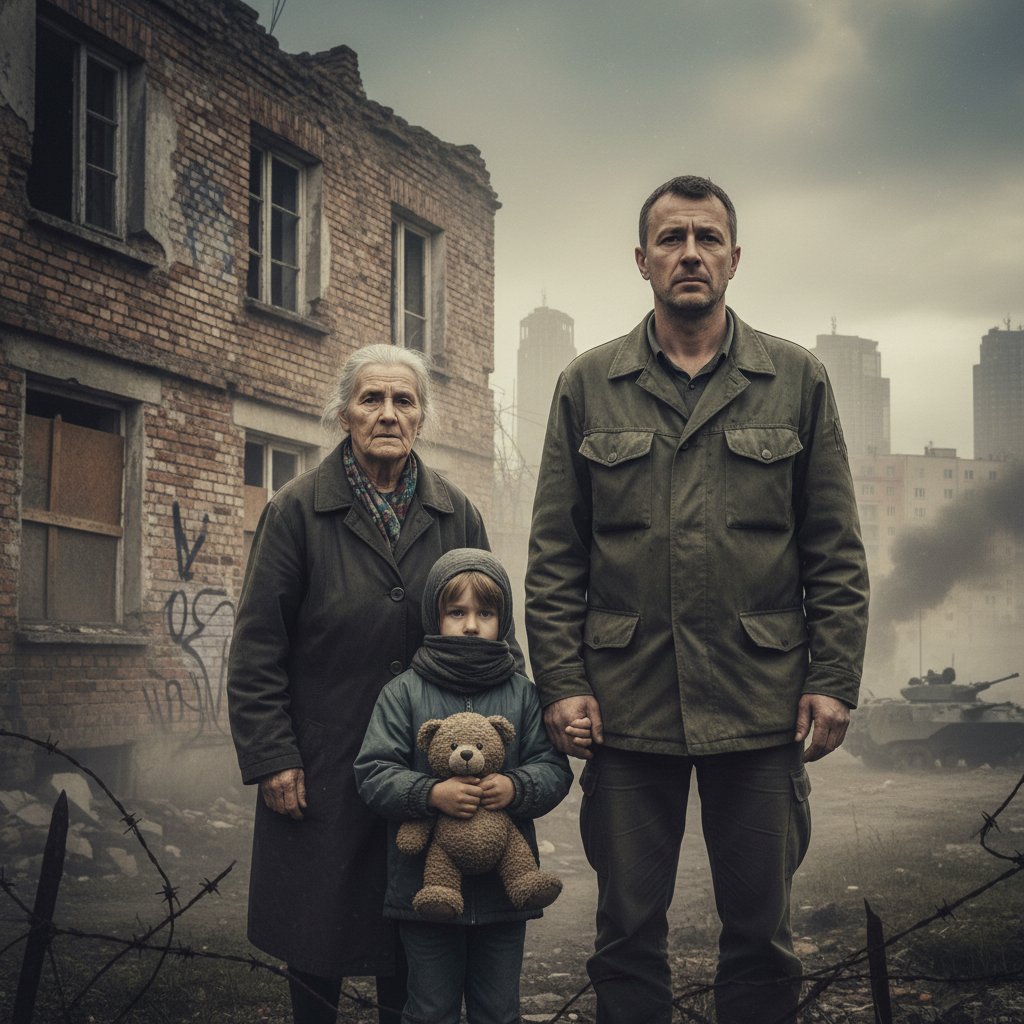 Trzy pokolenia polskiej rodziny – postawy wyrażające napięcie, cienie dawnych zdjęć wojennych na twarzach