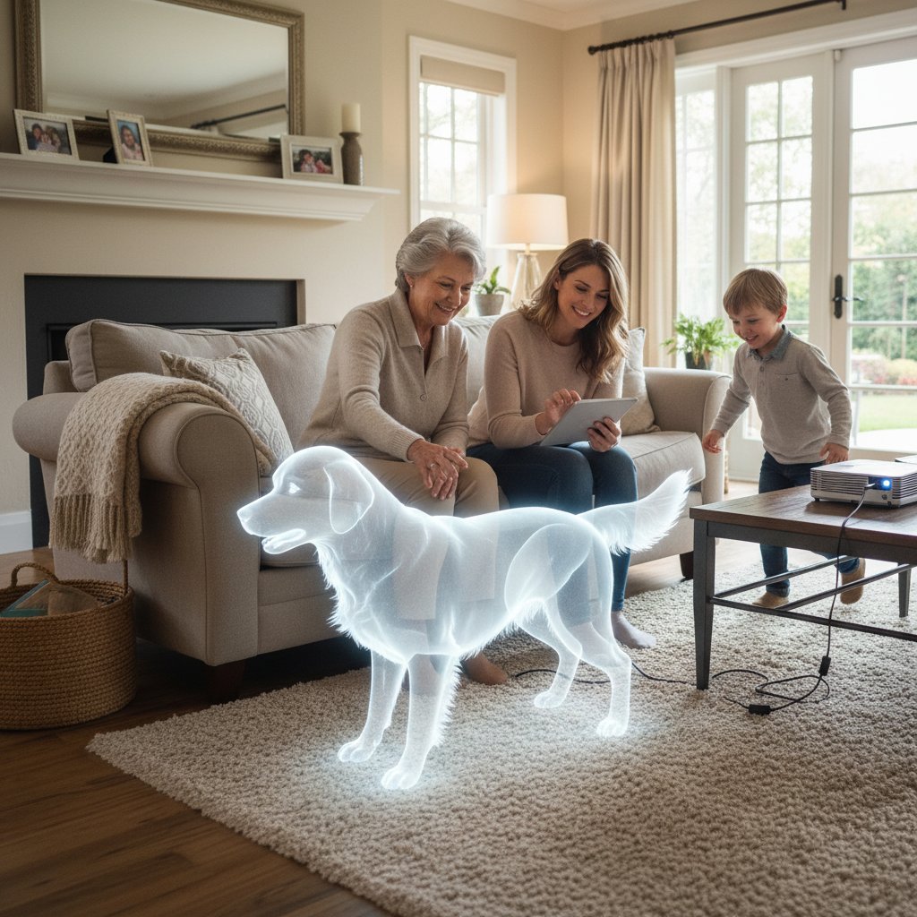 Trzy osoby różnych pokoleń korzystające z urządzeń z wirtualnym psem w domowych wnętrzach