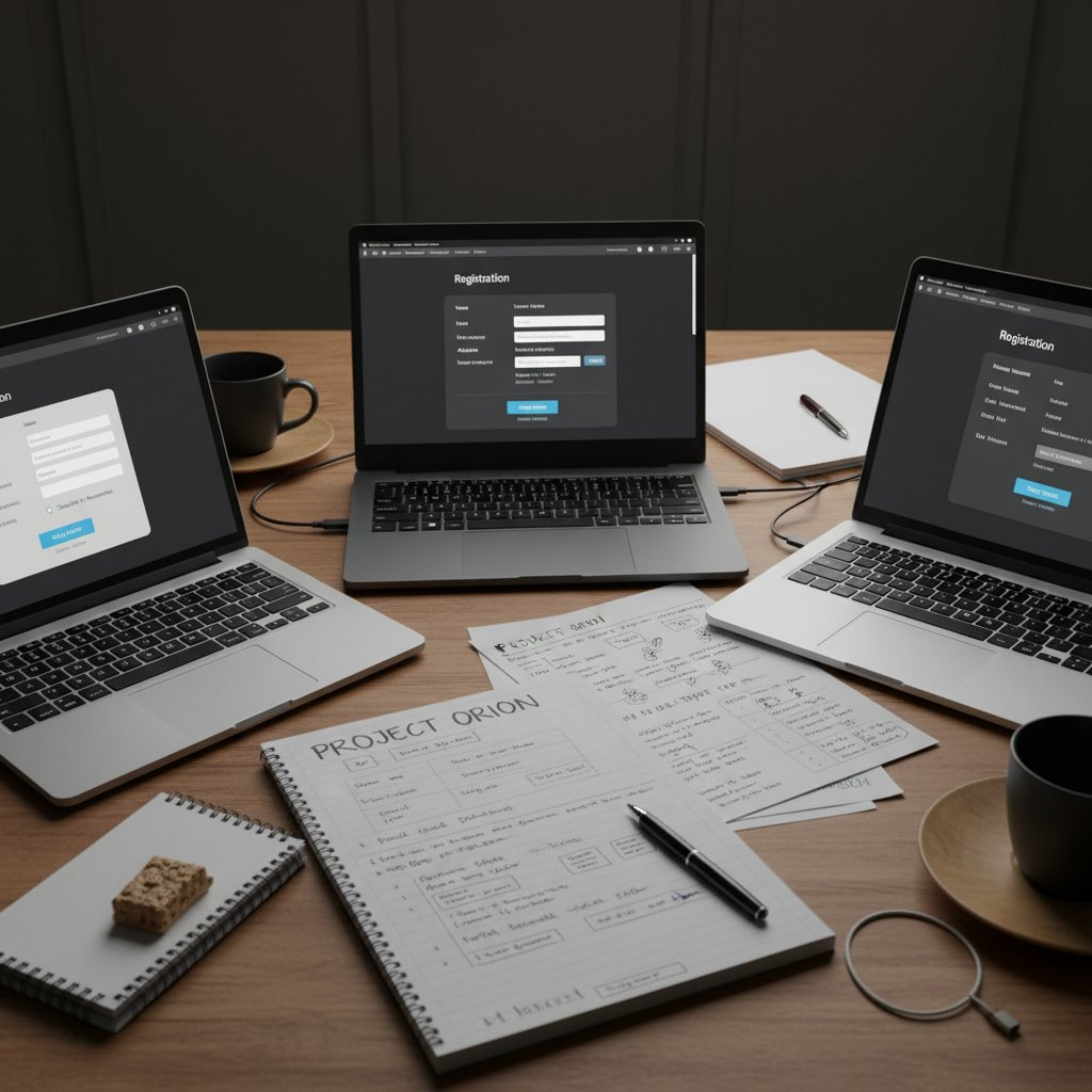 Zdjęcie trzech różnych ekranów rejestracji na laptopie, w tle notatnik z uwagami