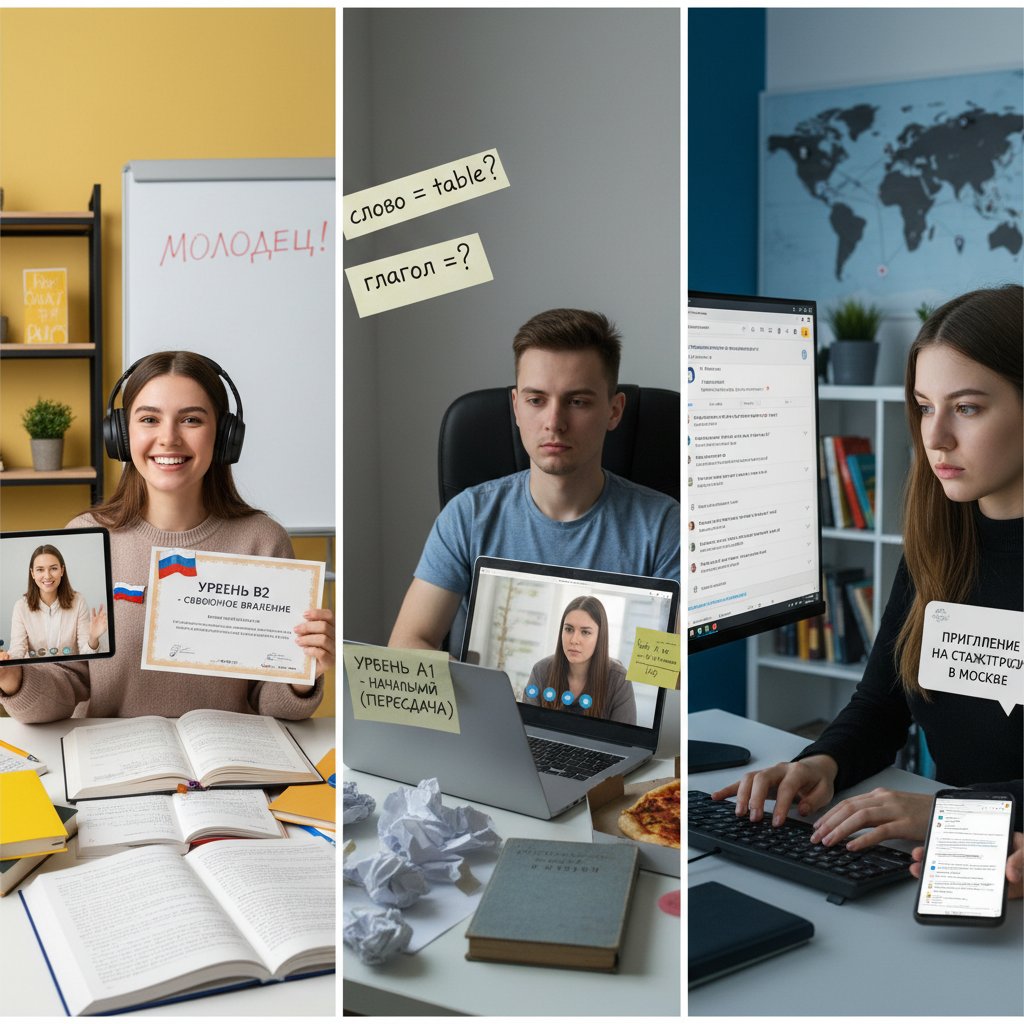 Trzech uczniów rosyjskiego online z różnymi efektami nauki