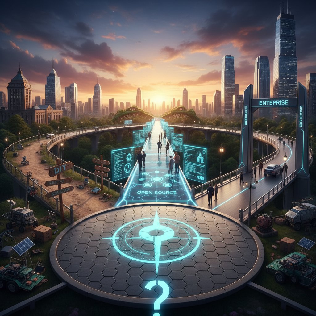 Three people choosing between DIY, open-source, and enterprise data review solutions on diverging city paths, representing decision trade-offs