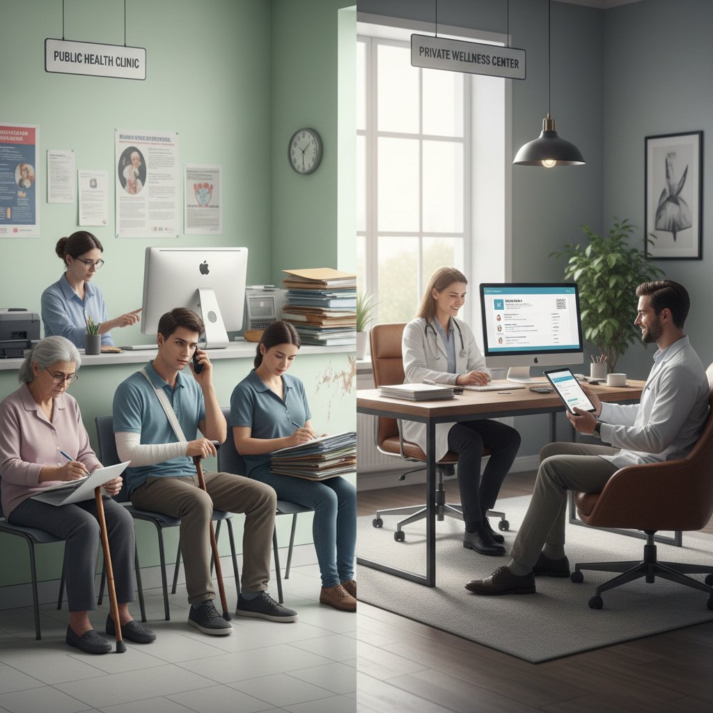 Trzy osoby w różnych sytuacjach: poczekalnia NFZ, prywatny gabinet, smartfon z e-skierowaniem