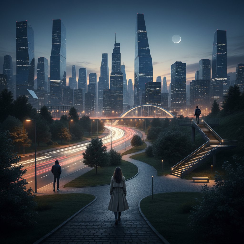 Trzy osoby różnych płci w różnych miejscach miasta, symbolizujące różne ścieżki po rozstaniu