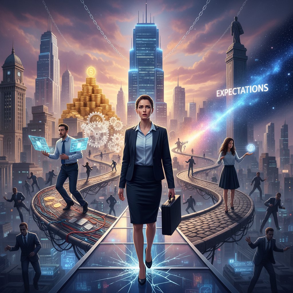 Trzy różne osoby siedzące osobno, każdy z własnymi emocjami, tło miasta, symbolizujące różne ścieżki radzenia sobie z presją sukcesu