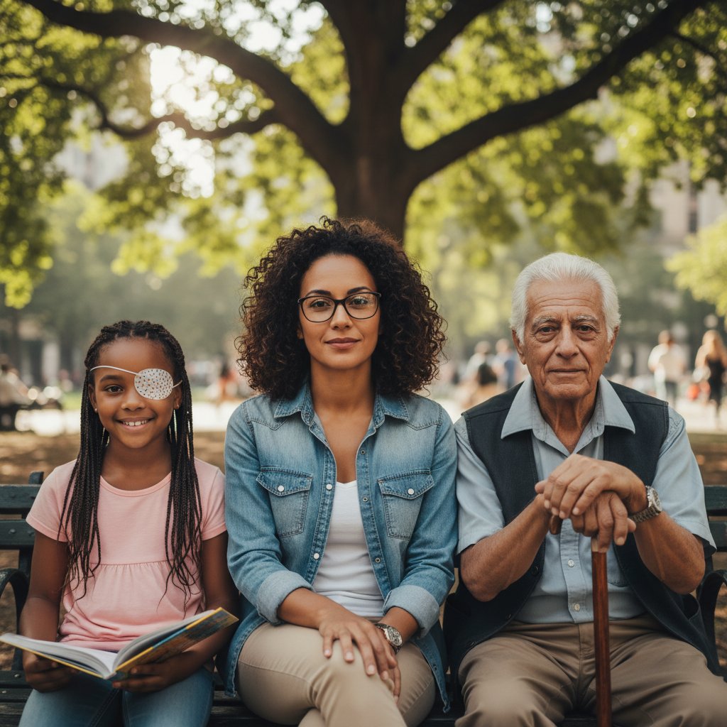 Kolorowe zdjęcie przedstawiające trzy osoby w różnym wieku, pokazujące różnorodność doświadczeń z niedowidzeniem