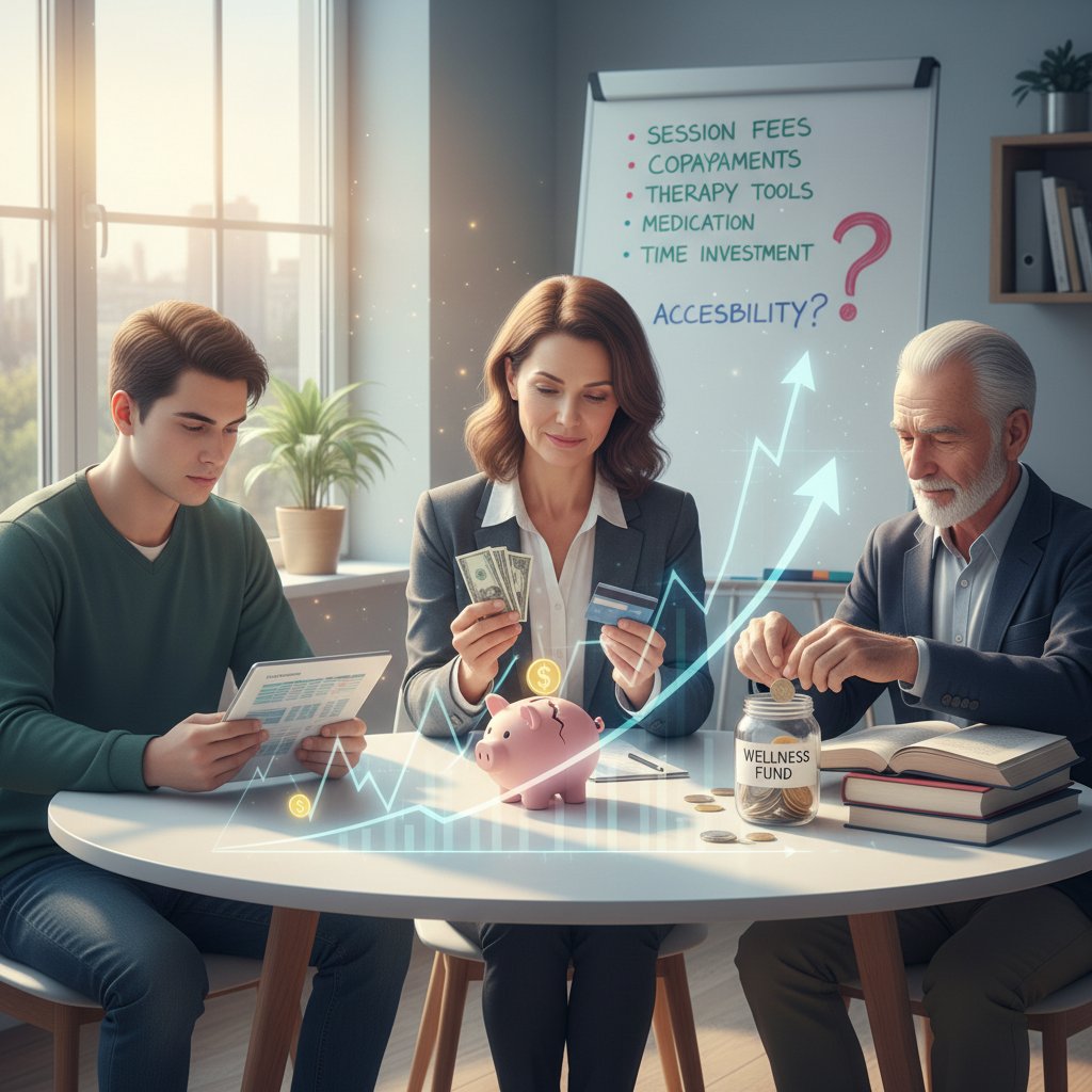 Trzy osoby w różnych grupach wiekowych, symbolizujące różne ścieżki i koszty wsparcia psychologicznego