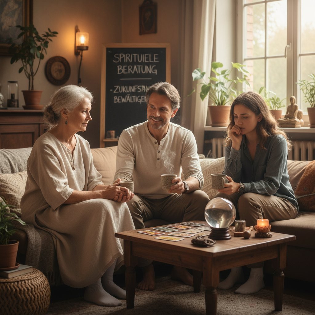 Drei Personen verschiedener Altersgruppen in entspannter Atmosphäre bei Beratungsgespräch