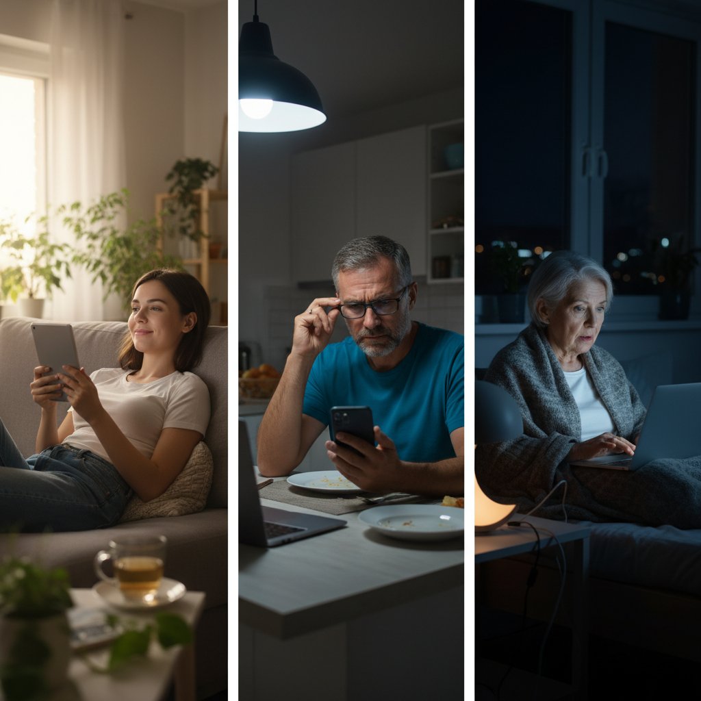Trzy osoby w różnym wieku korzystające z pomocy zdrowotnej online, ilustracja różnorodności użytkowników i ich potrzeb