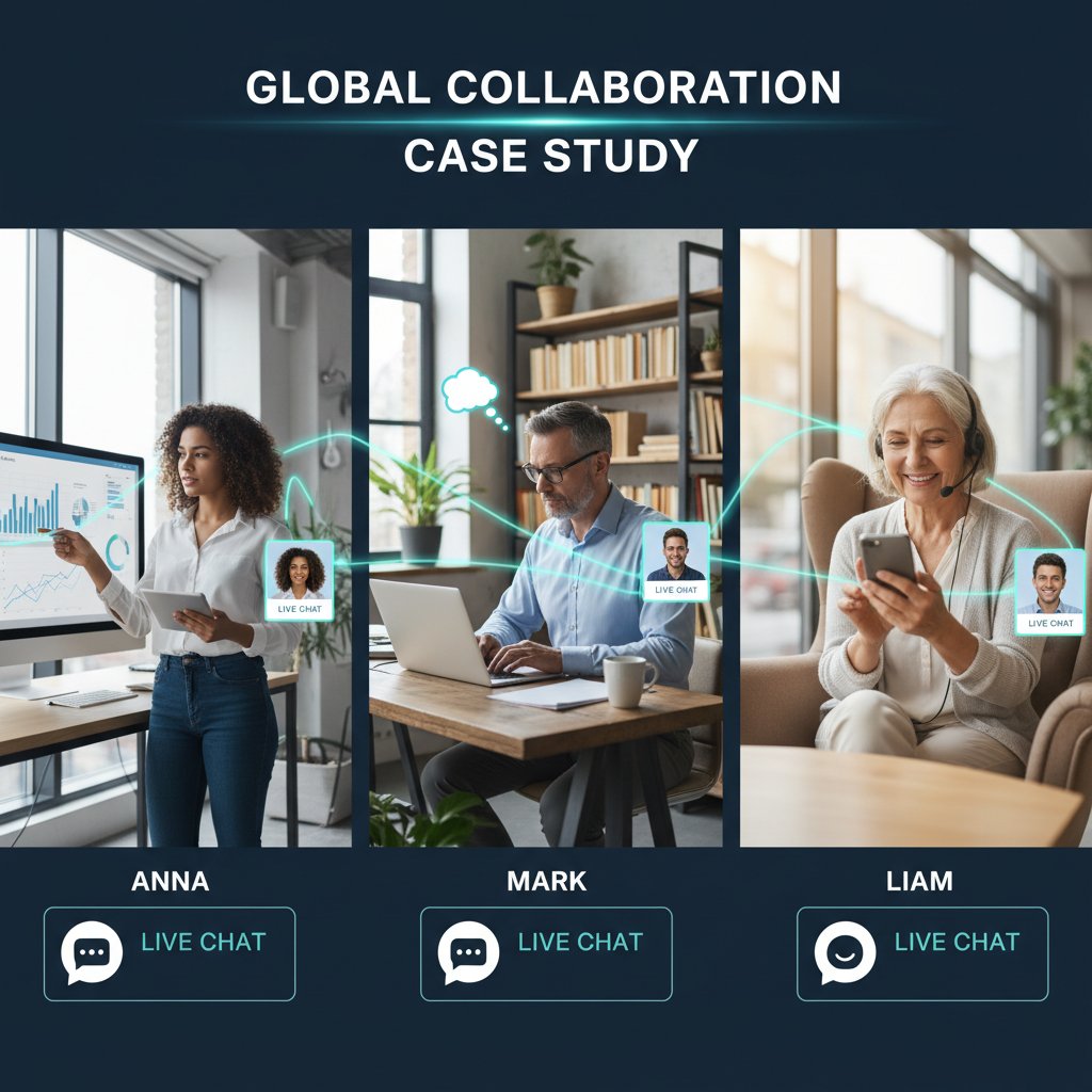 Trzy osoby rozmawiające online w różnych miejscach, podkreślona różnorodność doświadczeń i emocji, studium przypadku
