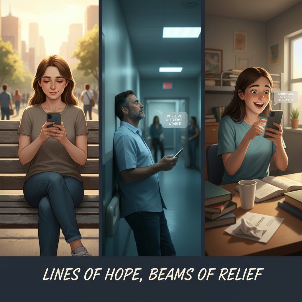 Trzy osoby w różnych miejscach, każda z telefonem w ręku, twarze wyrażające nadzieję i ulgę