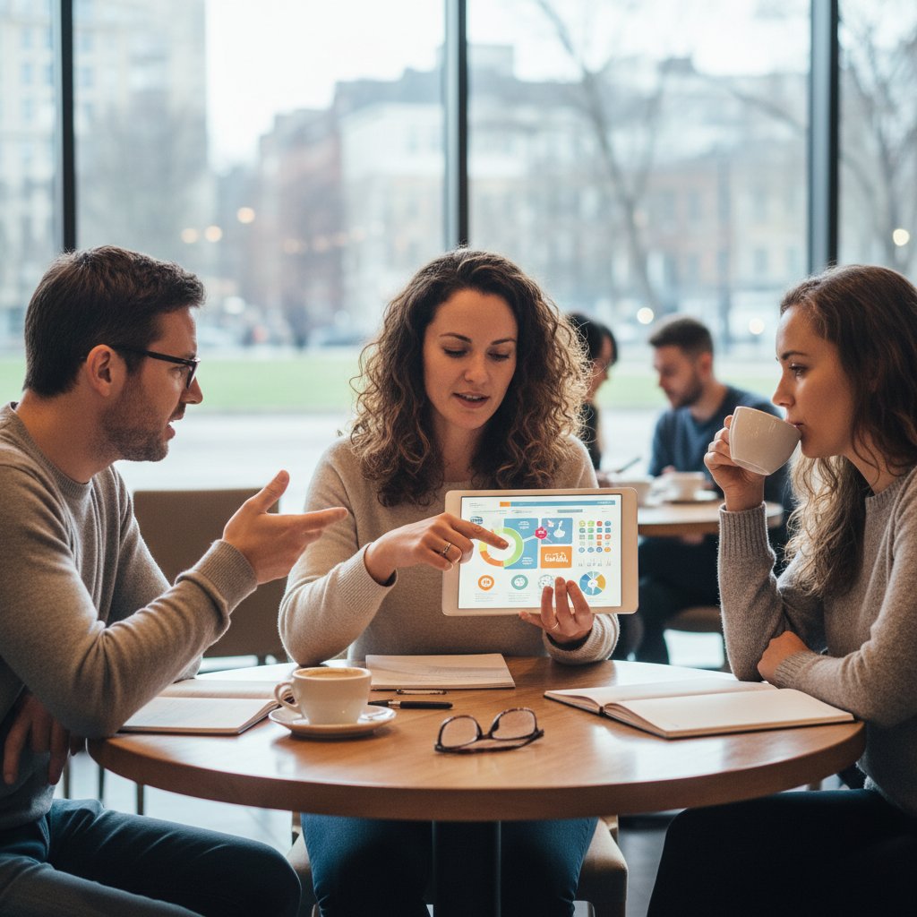 Trzy osoby rozmawiające o swoich doświadczeniach z symptom checkerami