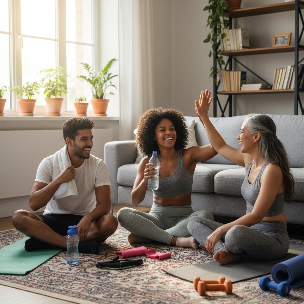 Trzy osoby po treningu w domu, różne historie, radość i zmęczenie na twarzach, trening bez sprzętu