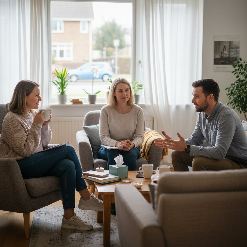 Trzy różne osoby w codziennych sytuacjach – ilustracja różnorodnych przypadków korzystania z pomocy psychologicznej