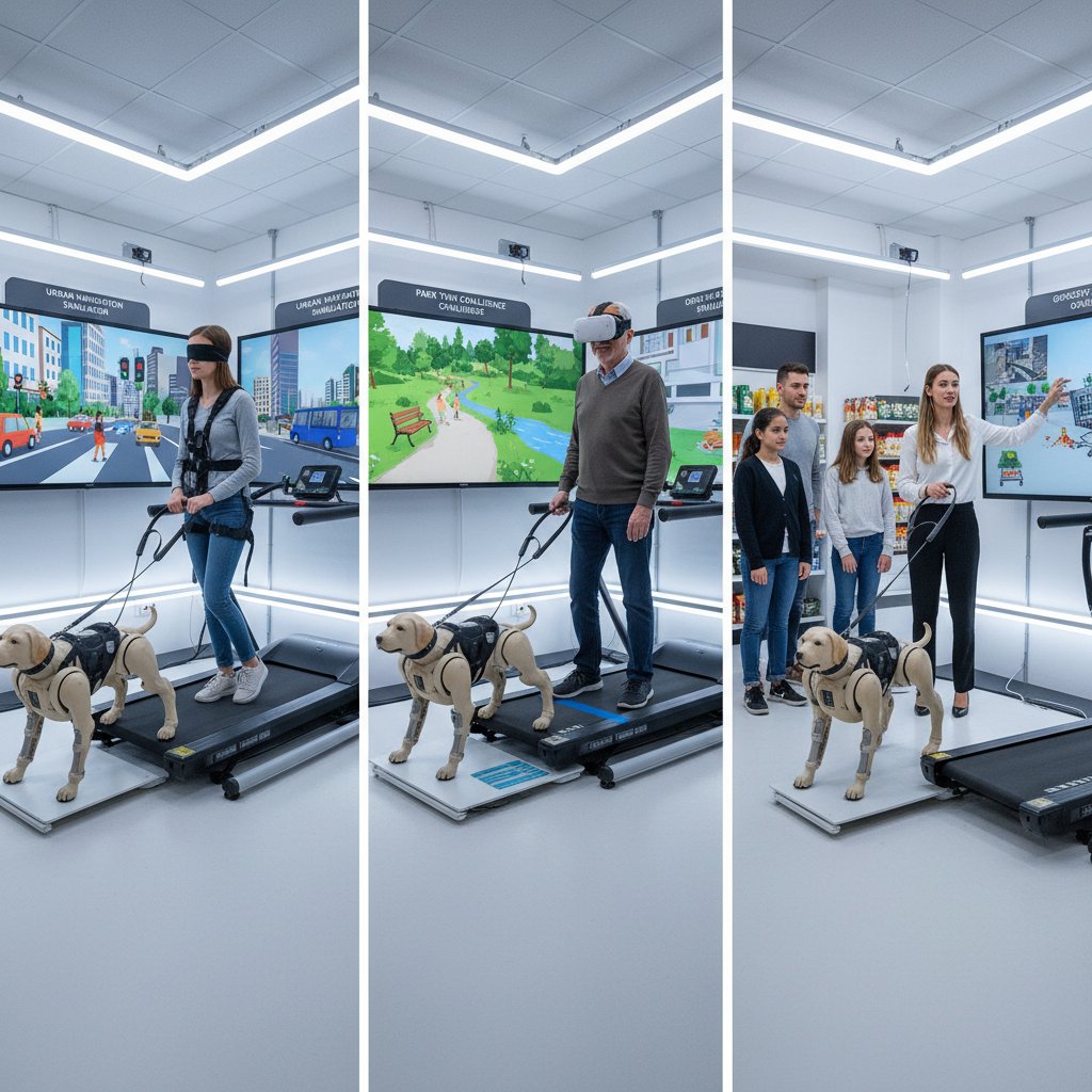 Zdjęcie trzech osób, każda w innej sytuacji z cyfrowym psem przewodnikiem