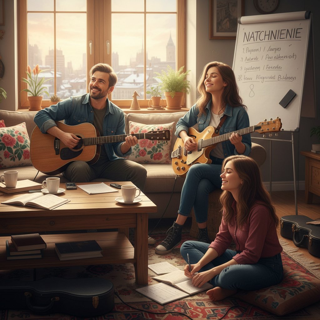 Portrety trzech osób z gitarami – różne wiekowo, w domowych warunkach, słowa kluczowe: polscy gitarzyści, inspiracja, nauka gry online