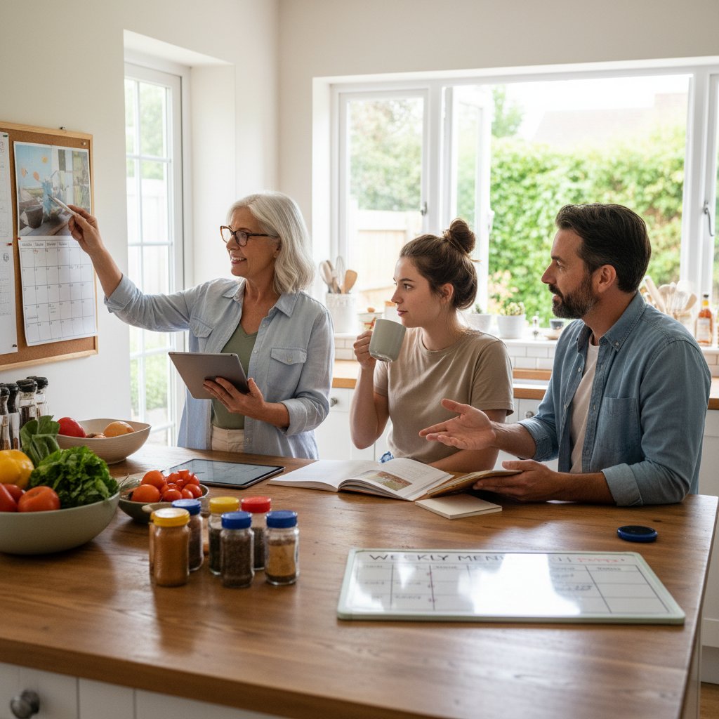 Trzy osoby z różnych grup wiekowych analizujące plan posiłków na wspólnym spotkaniu w kuchni