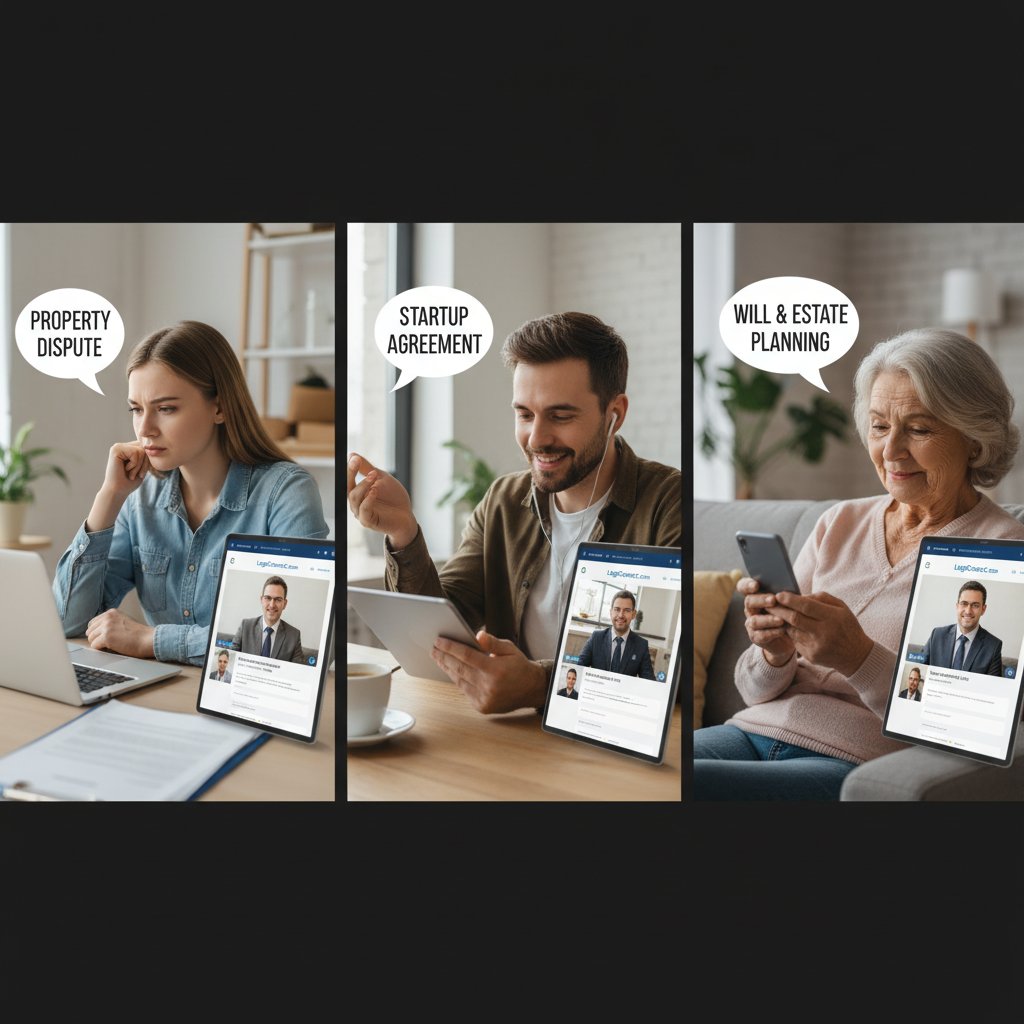 Ilustracja: trzy osoby korzystające z różnych form porad prawnych online