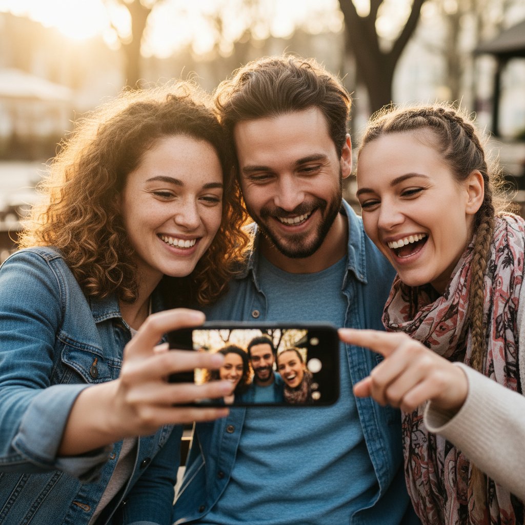 Portrety trzech różnych osób, każde z telefonem, uśmiechnięte