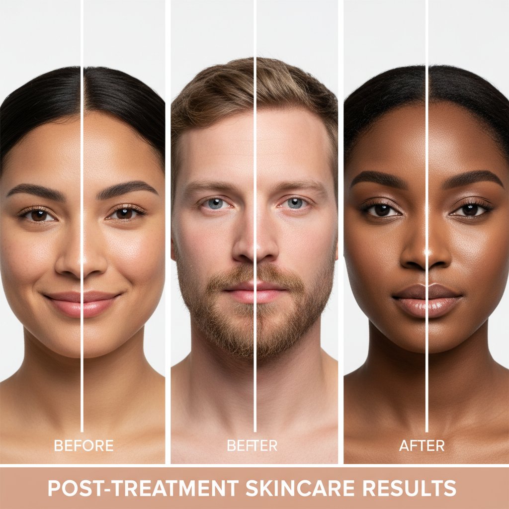 Trzy osoby z różnymi typami zabiegów, widoczne różnice w stanie skóry – efekty pielęgnacji pozabiegowej